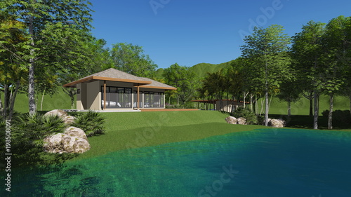 Fotografía 3d render home lake view left view