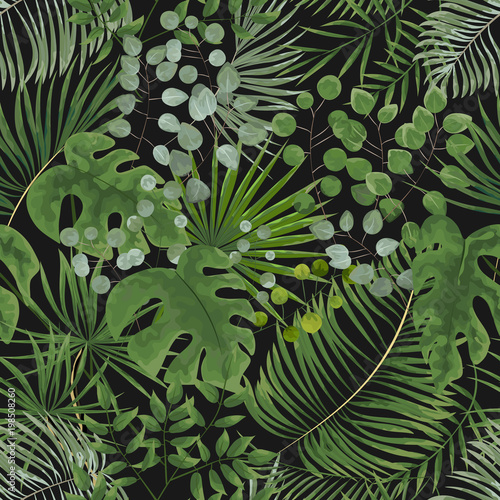 seamless pattern of green leaves. green tropical background in watercolor style. Vector natural, Botanical, elegant pattern.