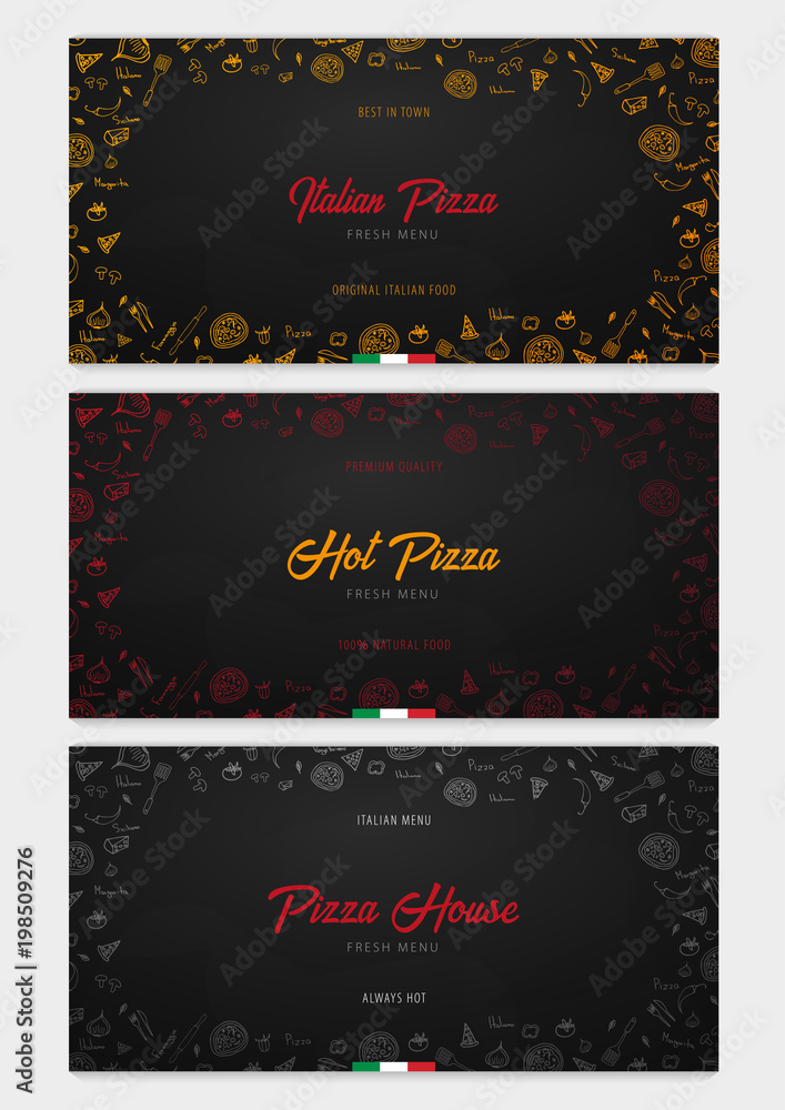 Set of Pizza food menu for restaurant and cafe. Banner with hand-drawn graphic elements in doodle style. Vector Illustration