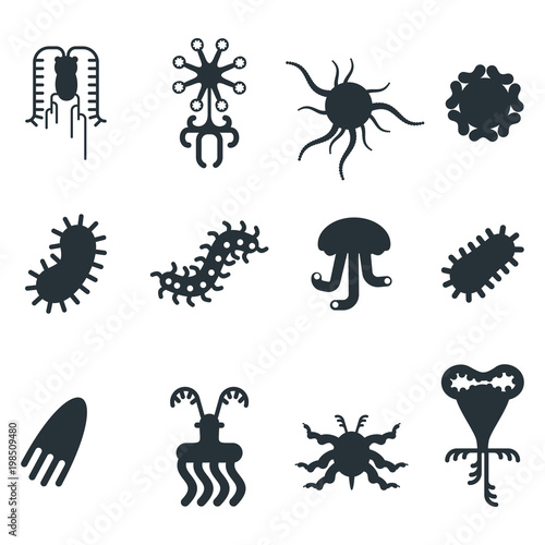 Simplest microorganisms. Science of studying bacteria and viruses. Flat vector cartoon illustration. Objects isolated on white background.