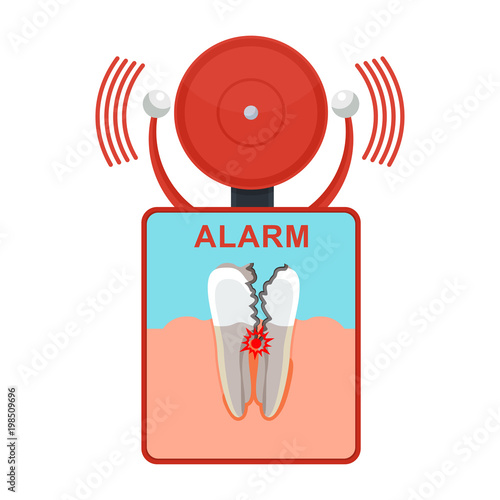 Hole in the tooth and gum disease. Alarm sighn. Flat vector cartoon illustration. Objects isolated on white background.