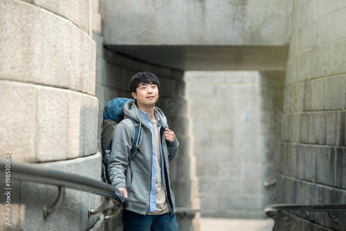 A young man doing a backpacking trip in a Korean traditional house.