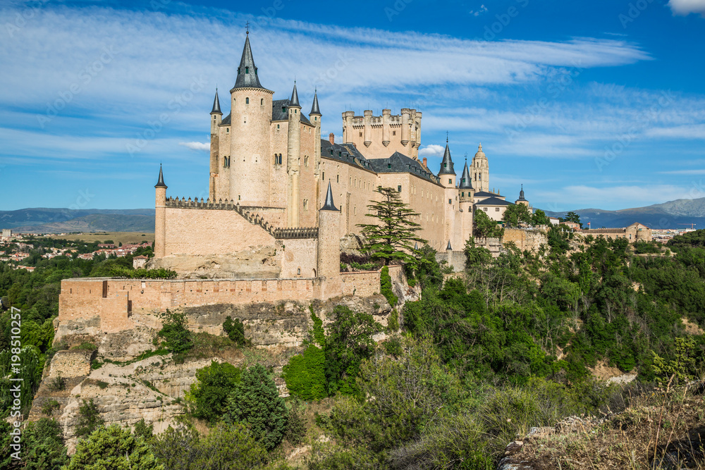 Segovia, Spain. The famous Alcazar of Segovia, rising out on a rocky crag, built in 1120. Castilla y Leon.