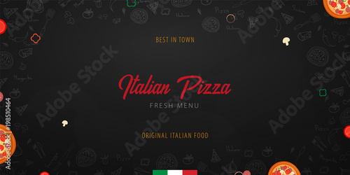Pizza food menu for restaurant and cafe. Design banner with hand-drawn graphic elements in doodle style. Vector Illustration