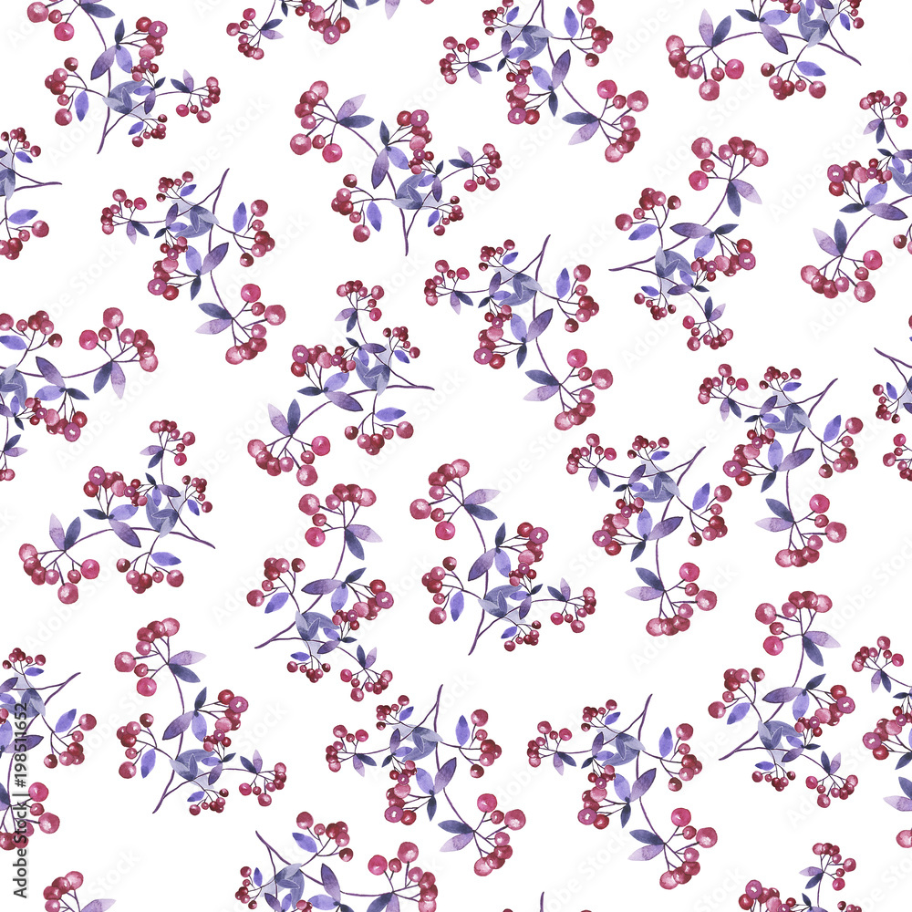 Seamless pattern with violet leaves and pink berries on white background. Hand drawn watercolor illustration. Seamless pattern with violet leaves and pink berries on white background. Hand drawn watercolor illustration.