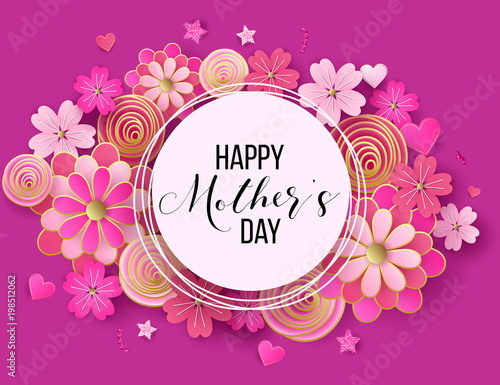 Happy mother's day layout design with roses, lettering, ribbon, frame, dotted background. Vector illustration. Best mom / mum ever cute feminine design for menu, flyer, card, invitation.