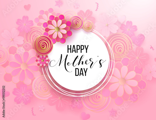 Happy mother's day layout design with roses, lettering, ribbon, frame, dotted background. Vector illustration. Best mom / mum ever cute feminine design for menu, flyer, card, invitation.