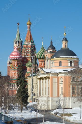 Winter view from Zaryadye Park on St. Basil's Cathedral and the Church of St. Barbara the great Martyr, Moscow, Russia
