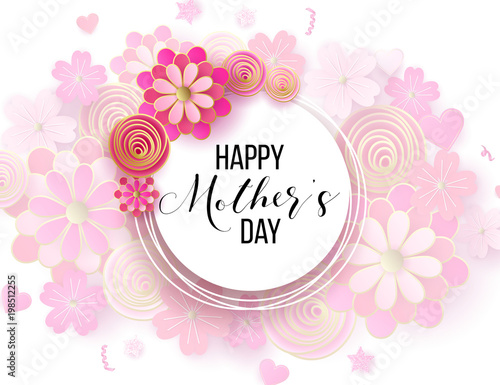 Happy mother's day layout design with roses, lettering, ribbon, frame, dotted background. Vector illustration. Best mom / mum ever cute feminine design for menu, flyer, card, invitation.