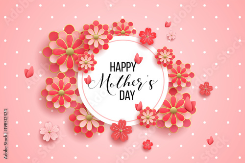 Happy mother's day layout design with roses, lettering, ribbon, frame, dotted background. Vector illustration. Best mom / mum ever cute feminine design for menu, flyer, card, invitation.