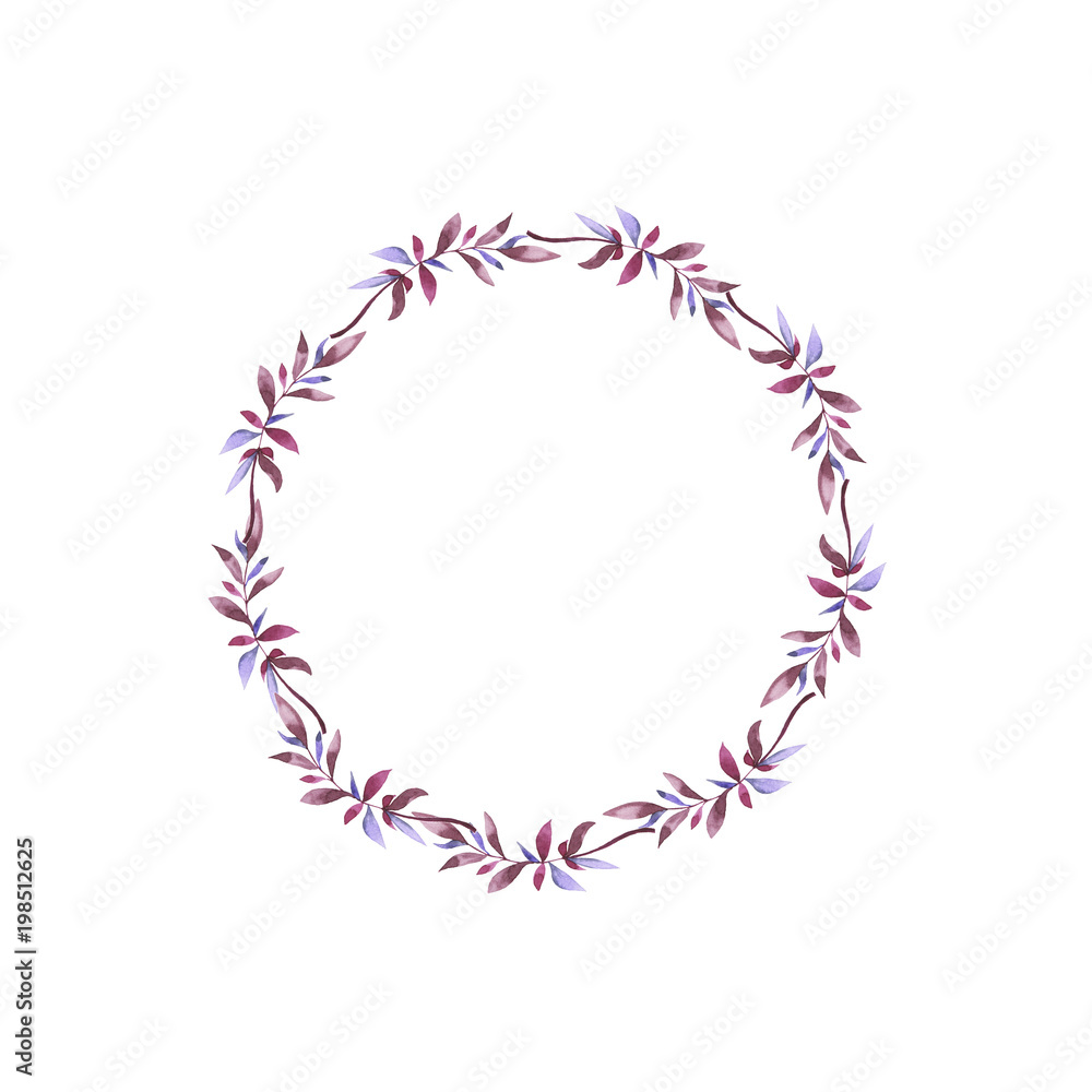Violet and pink leaves and branches frame isolated on white background. Hand drawn watercolor illustration.