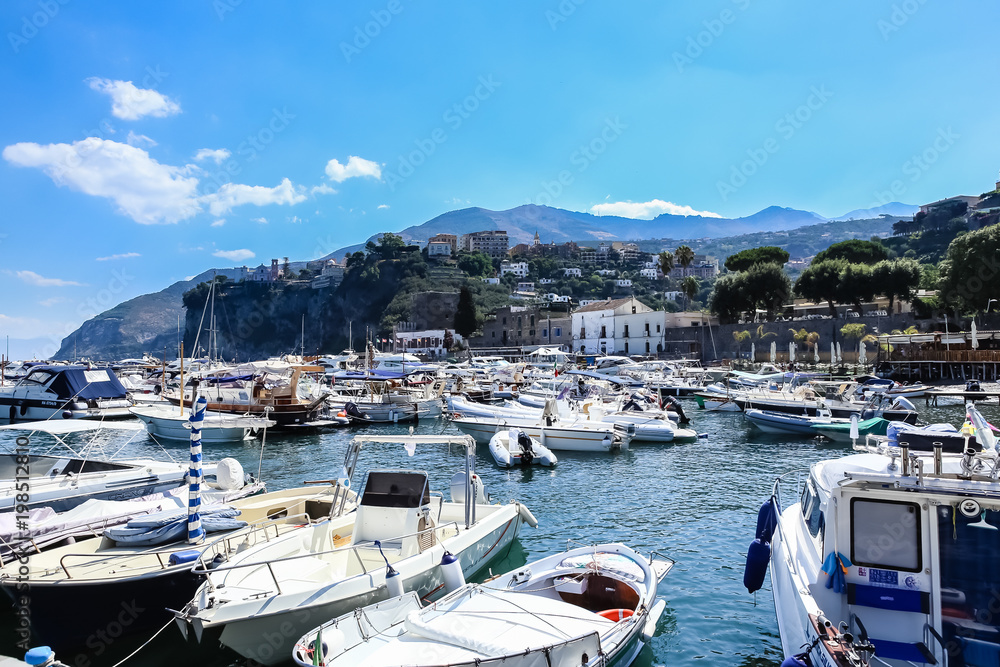 Harbor at Vico Equense, center of town Vico Equense in the background. Italy