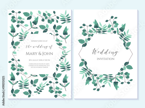 Wedding invitation, thank you card, save the date card. Wedding invitation, baby shower, menu, flyer, banner template with wreath, blue, arrow. Elegant vintage hipster rustic wedding invitation.