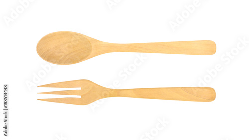 wood spoon and fork isolated on white background