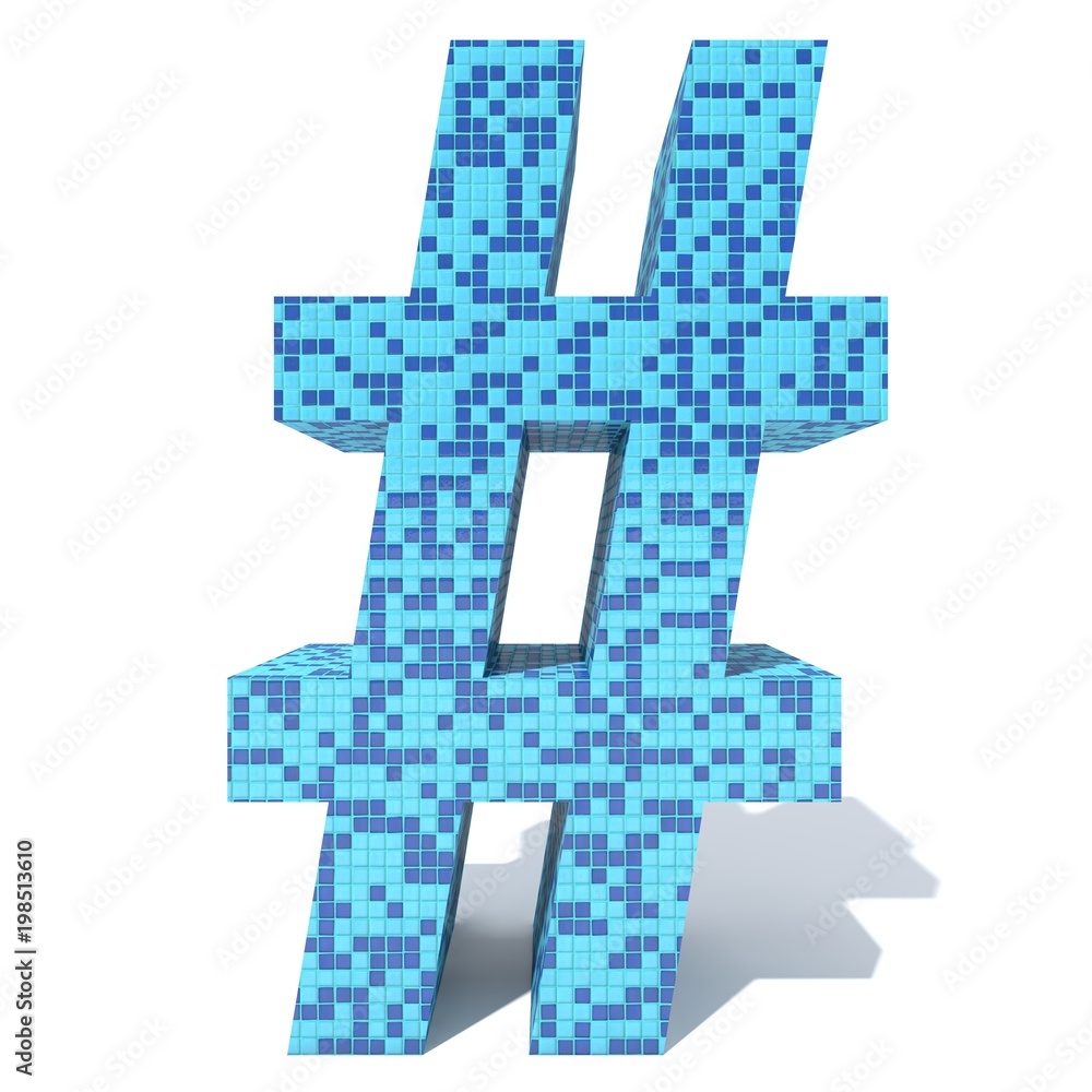 Fototapeta premium Conceptual blue light and dark square mosaic ceramic or glass tiles font isolated on white background. 3D illustration of bathroom or pool abstract texture pattern for education or spa concept design