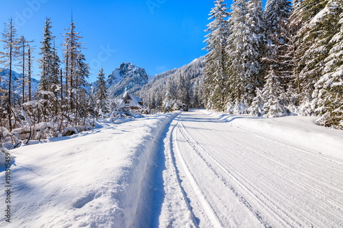 Snowy road to Morskie Oko lake in winter season, Tatra Mountains, Poland