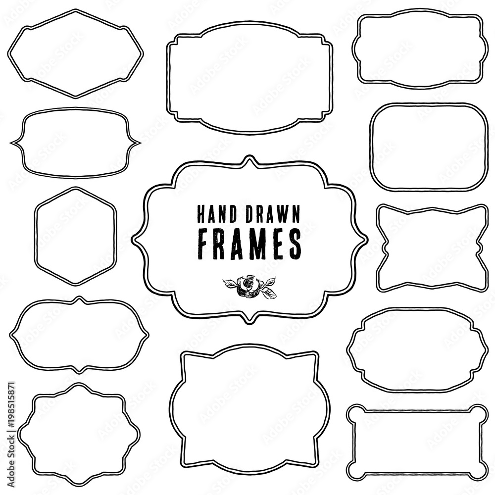 Fototapeta premium Set of vintage contour blank frames and labels. Hand drawn vector illustration.