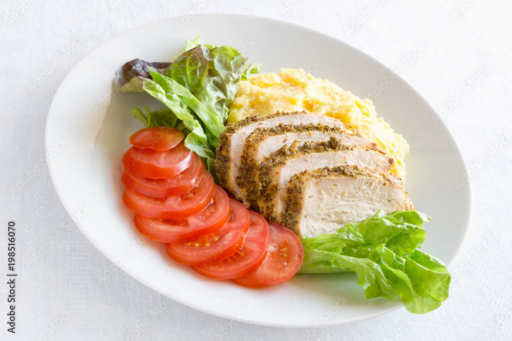 baked turkey and tomato slices with potato mash and lettuce baked turkey and tomato slices with potato mash and lettuce