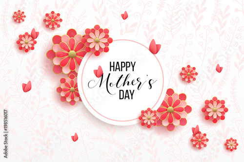 Happy mother's day layout design with roses, lettering, ribbon, frame, dotted background. Vector illustration. Best mom / mum ever cute feminine design for menu, flyer, card, invitation.