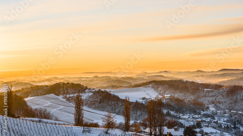 View over the the vineyards an the foggy valleys of slovenia south Styria Sustria Libenitz