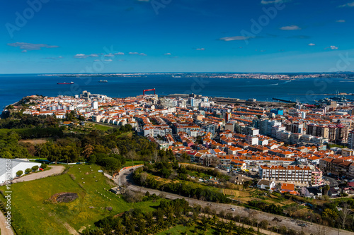 Aerial view of Almada rooftop from Christo Rei statue in Lisbon - Portugal