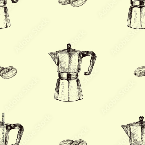 Seamless pattern. Coffee maker and coffee beans. Hand drawn illustration in sketch style