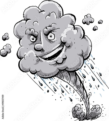 A happy, cartoon tornado storm cloud with a sneaky grin as it rains and causes destruction.