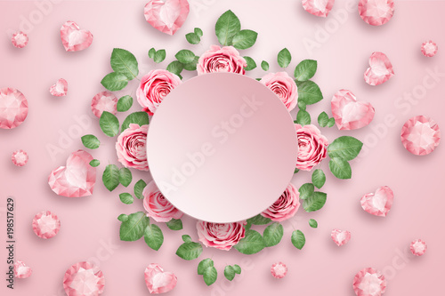 Pink roses and green leaves against a pink background. flat lay, copy space, Mixed media, top view.