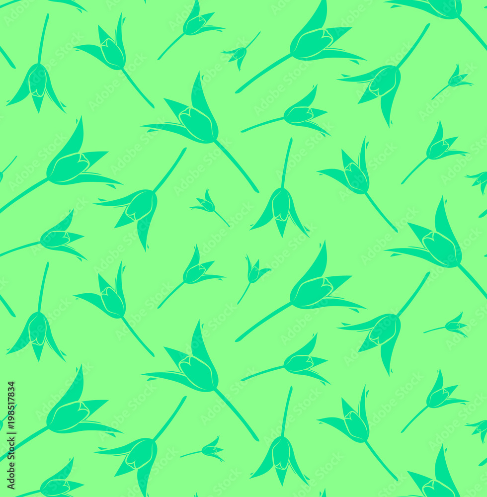 Vector illustration, smooth seamless floral pattern with tulip flowers silhouettes on green background Vector illustration, smooth seamless floral pattern with tulip flowers silhouettes on green background