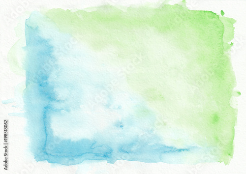 Green and blue mixed watercolour horizontal gradient background. It's useful for greeting cards, valentines, letters. Abstract art style handicraft surface