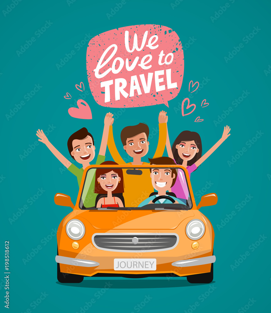 Cheerful young people or happy friends traveling by car. Journey, travel, vacation concept. Cartoon vector illustration Cheerful young people or happy friends traveling by car. Journey, travel, vacation concept. Cartoon vector illustration