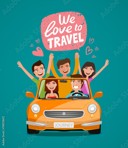 Cheerful young people or happy friends traveling by car. Journey, travel, vacation concept. Cartoon vector illustration