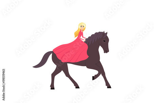 Vector illustration with cute cartoon girl on dark horse
