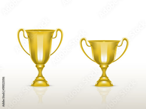 Vector 3d realistic cup, golden trophy for winner of competition, championship. Shiny gold metal goblet for success, victory. Reward, prize isolated on white background. Achievement design