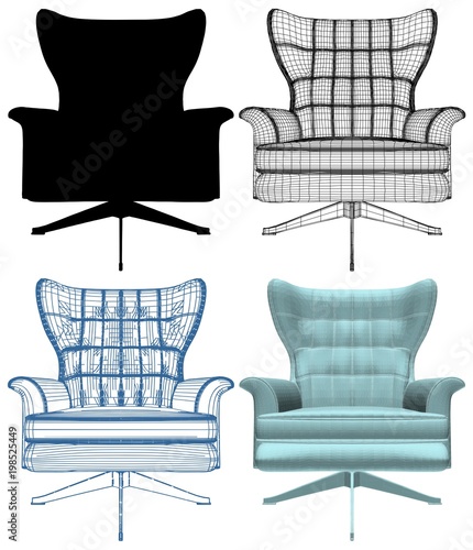Modern Armchair Vector. Four same chairs, made in different graphic drawings, isolated on white background.