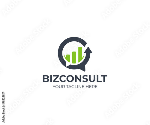 Business consulting logo template. Speech bubble and growth graph vector design. Consult logotype