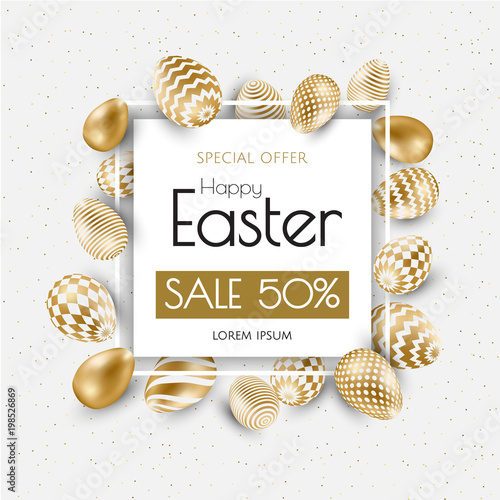 Happy Easter lettering background with realistic golden shine decorated eggs, confetti