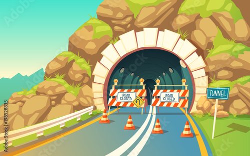 Vector cartoon illustration of roadwork in tunnel, highway. Repair signs, roadblock, detour, traffic cones, underground, grey asphalt with road marking, connector inside the mountain.