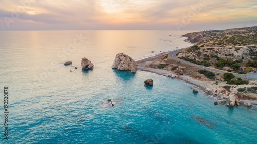 Obraz na plátně Aerial Bird's eye view of Petra tou Romiou, aka Aphrodite's rock a famous tourist travel destination landmark in Paphos, Cyprus