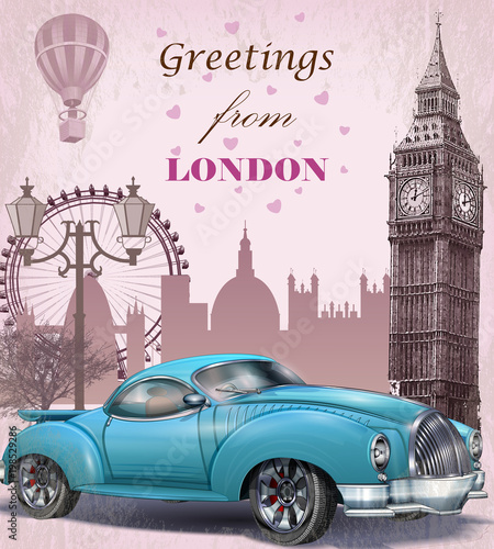 Plakat Vintage turystyczne karty z pozdrowieniami. Londyn.