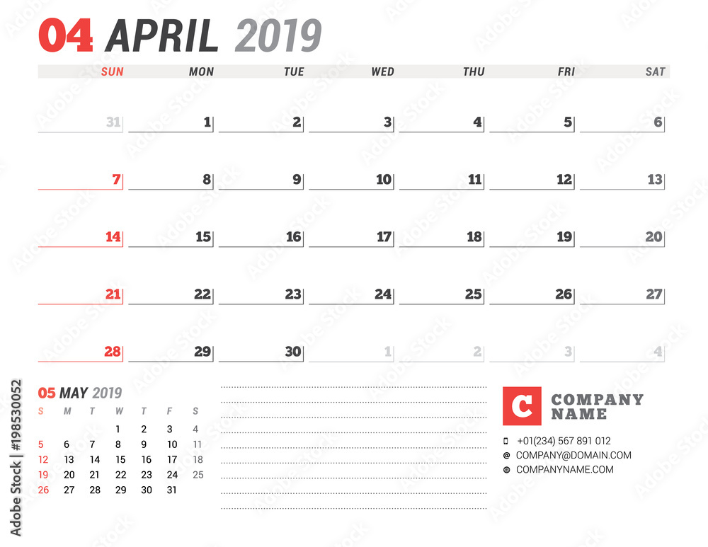 Calendar template for April 2019. Business planner. Stationery design. Week starts on Sunday. 2 Months on the page. Vector illustration Calendar template for April 2019. Business planner. Stationery design. Week starts on Sunday. 2 Months on the page. Vector illustration