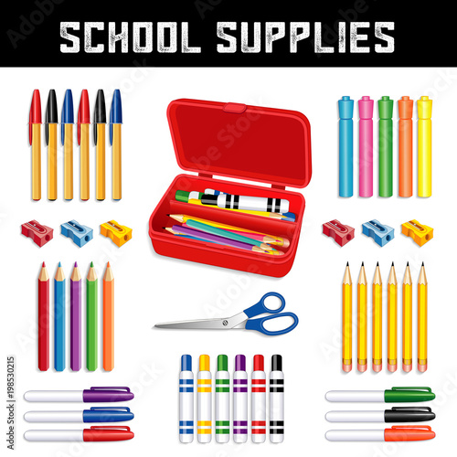 School supplies: ball point pens, neon highlighters, pencils, sharpeners, scissors, small tip, large marker pens, pencil box, for elementary, grammar, middle, high school, literacy projects.