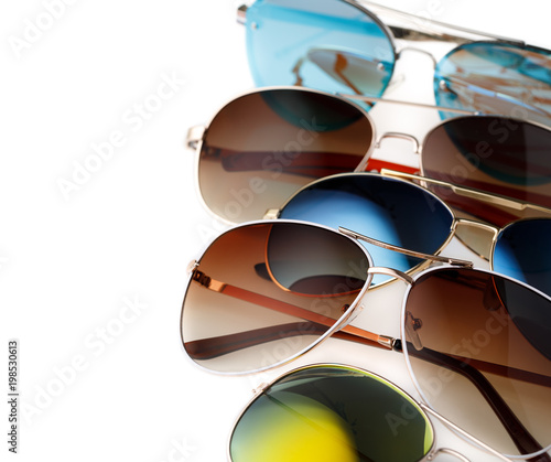 Collection of sunglasses no name on white background with space for text