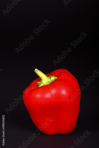 Single red organic pepper isolated on a black background