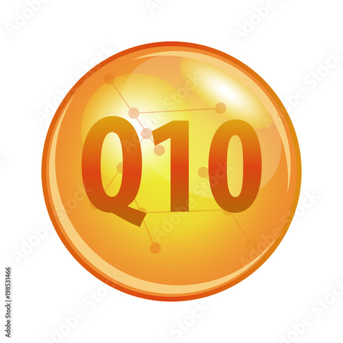 Vitamin Q10 Coenzyme capsule. Vector icon for health and beauty. Gold shining pill.