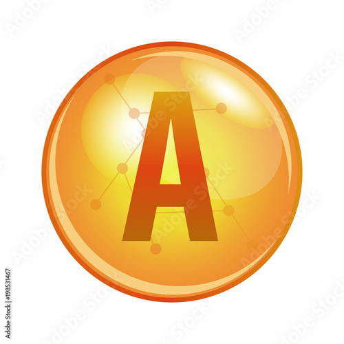 Vitamin A capsule. Vector icon for health. Gold shining pill.