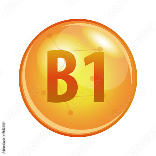 Vitamin B1 capsule. Vector icon for health. Gold shining pill.