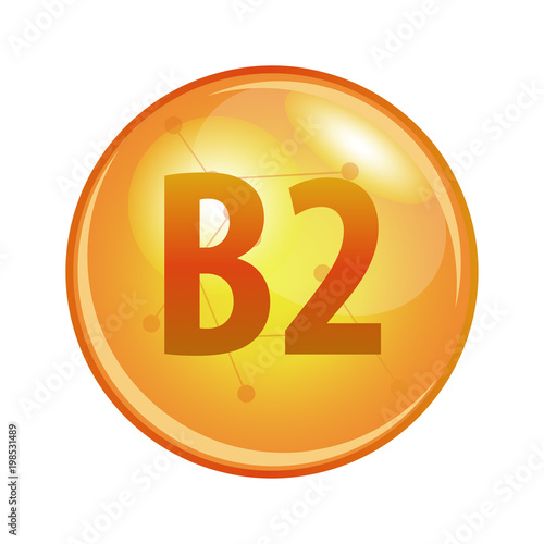Vitamin B2 capsule. Vector icon for health. Gold shining pill.