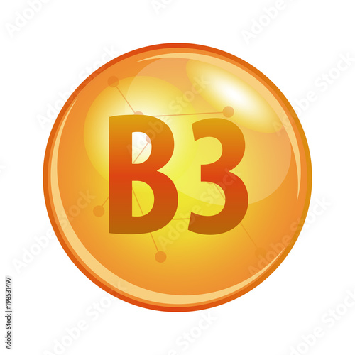 Vitamin B3 capsule. Vector icon for health. Gold shining pill.