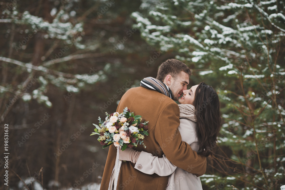 The couple gently kiss each other on the background of snow-covered for The couple gently kiss each other on the background of snow-covered for